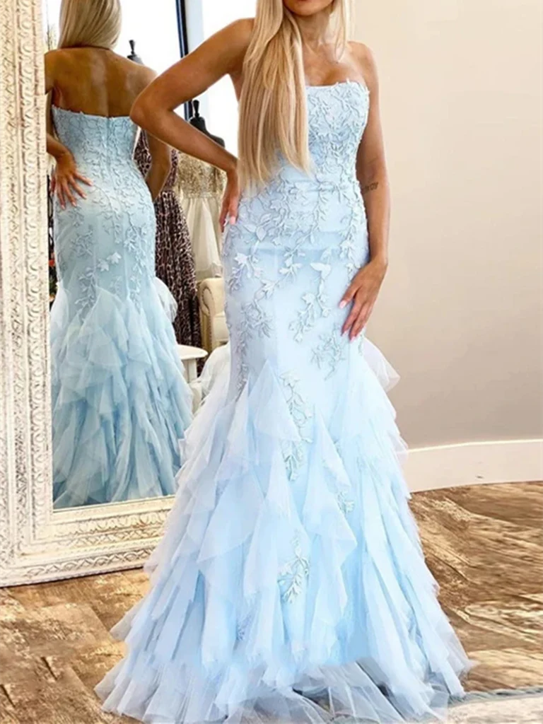 A Line V Neck Backless Tulle Beaded Long Prom Dresses Formal Evening Dresses